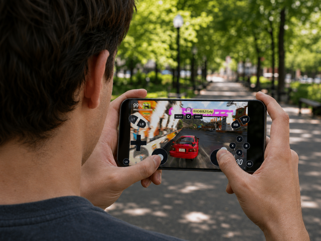 A person playing Forza Horizon 6 on an iPhone 14 Pro